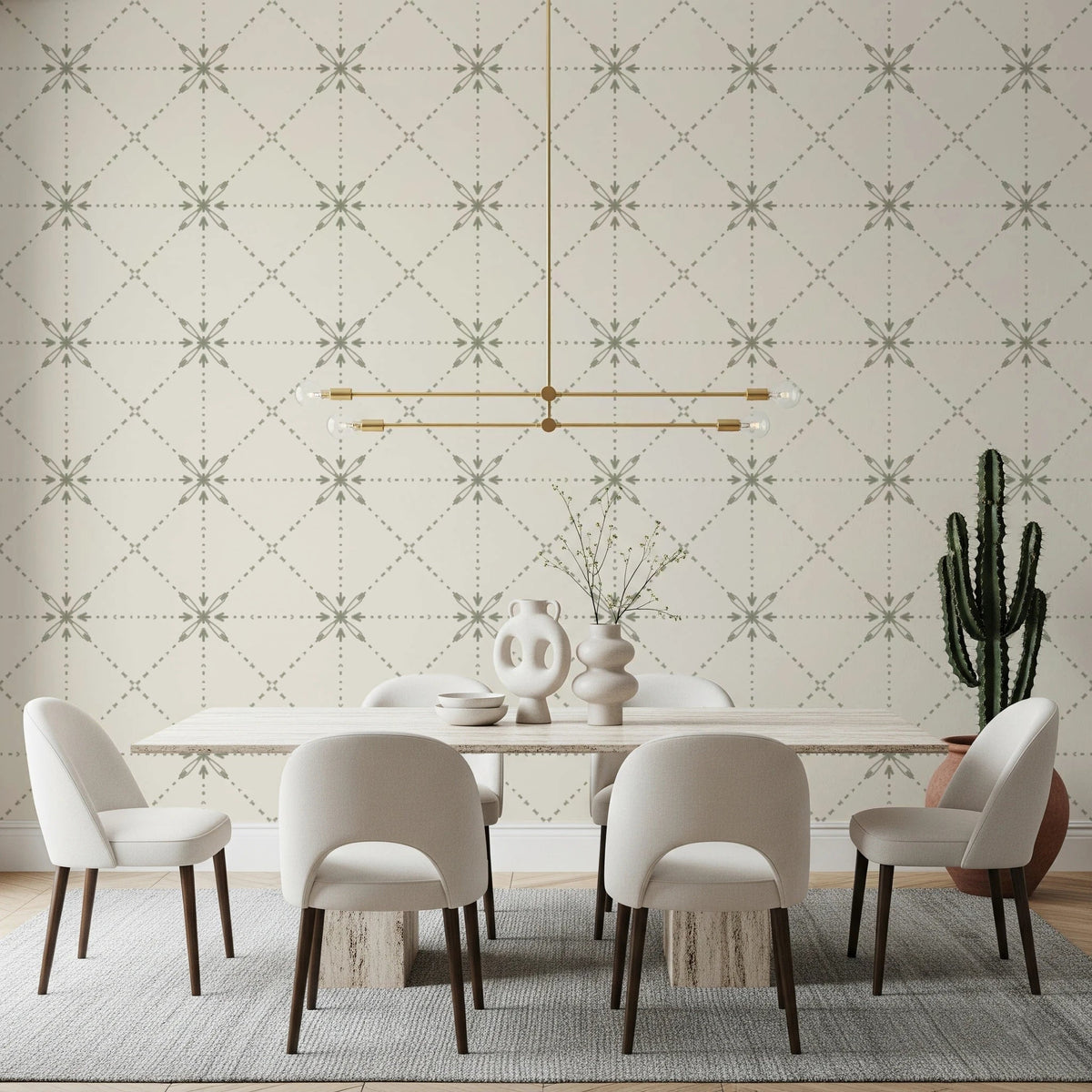 Sashiko Hana-Goshi wallpaper in dining room with sage stitch grid, GD8773