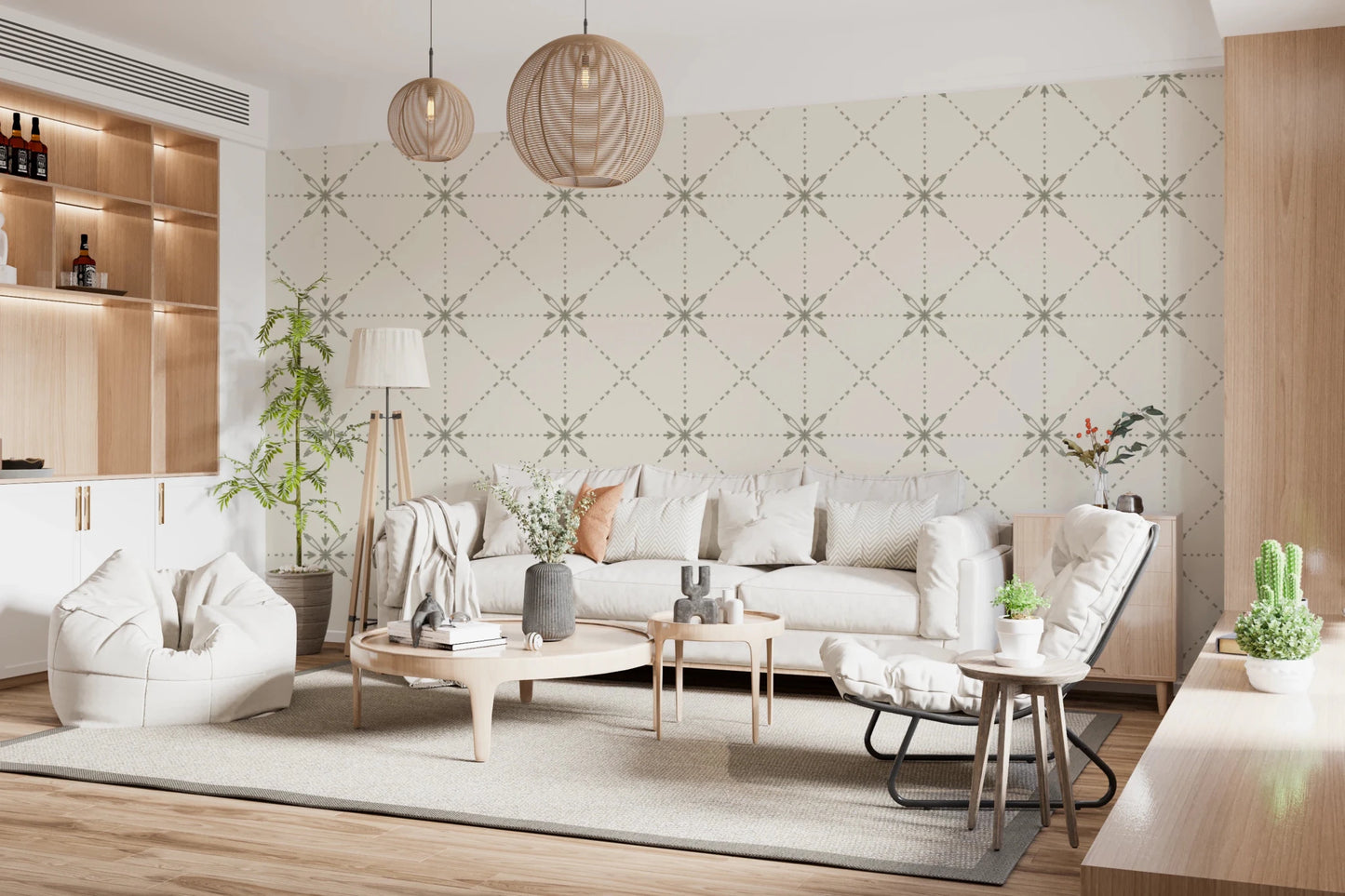 Living room styled with Latticed Flower Stitch sage wallpaper repeat