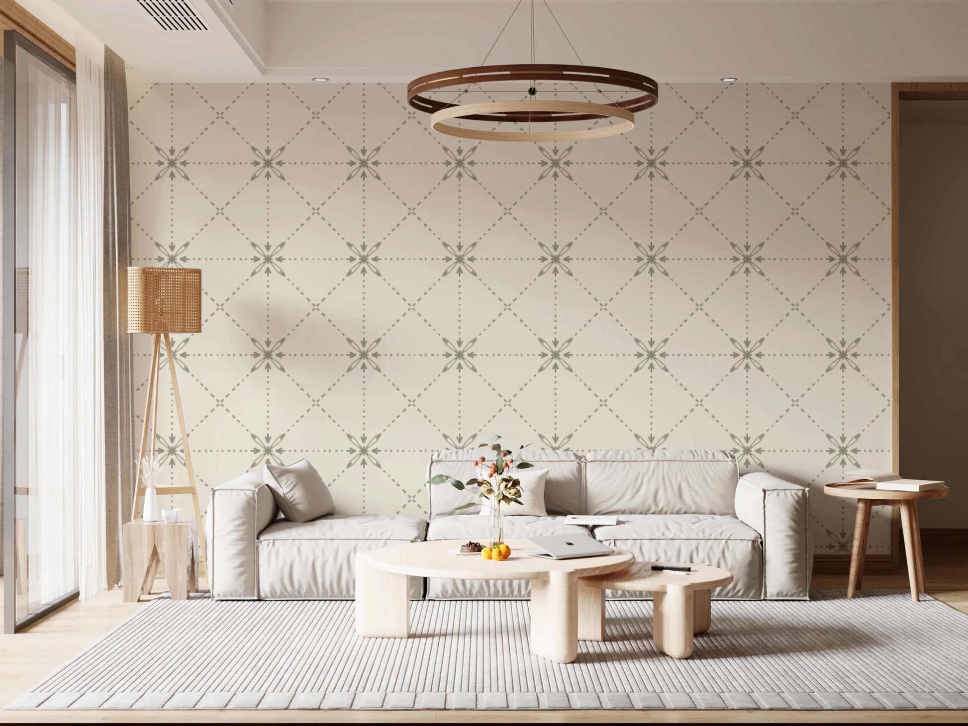 Sashiko Hana-Goshi pattern with floral nodes in sage wallpaper