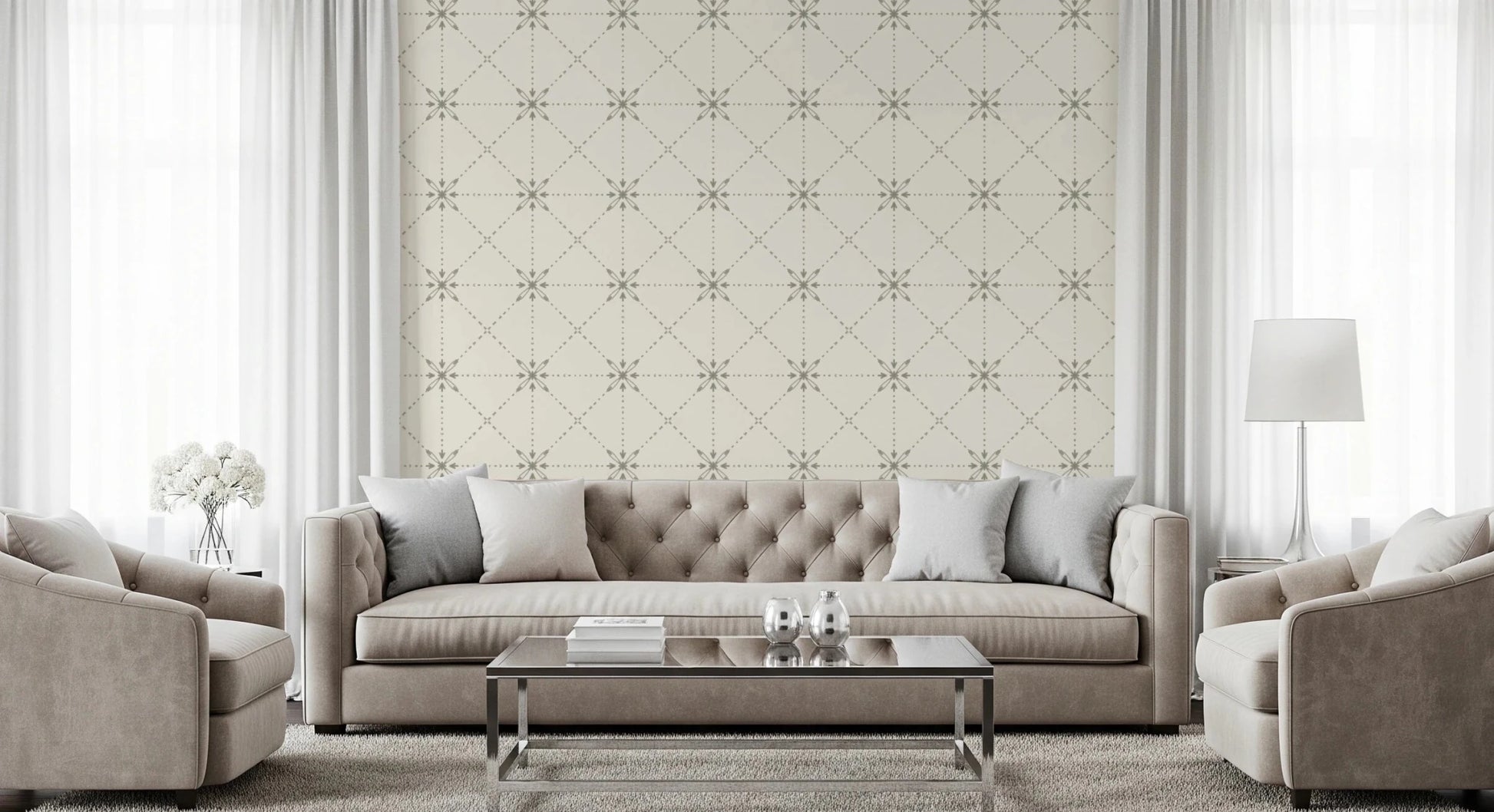 Neutral wallpaper with Latticed Flower Stitch and sage accents