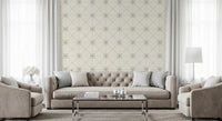Neutral wallpaper with Latticed Flower Stitch and sage accents