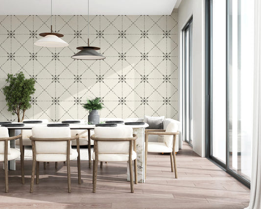 Sashiko Hana-Goshi wallpaper in dining room with silhouette stitch grid
