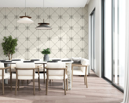Sashiko Hana-Goshi wallpaper in dining room with silhouette stitch grid
