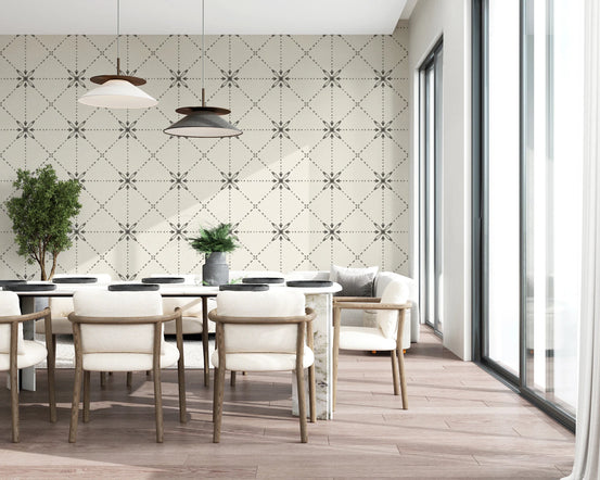 Sashiko Hana-Goshi wallpaper in dining room with silhouette stitch grid, GD8774