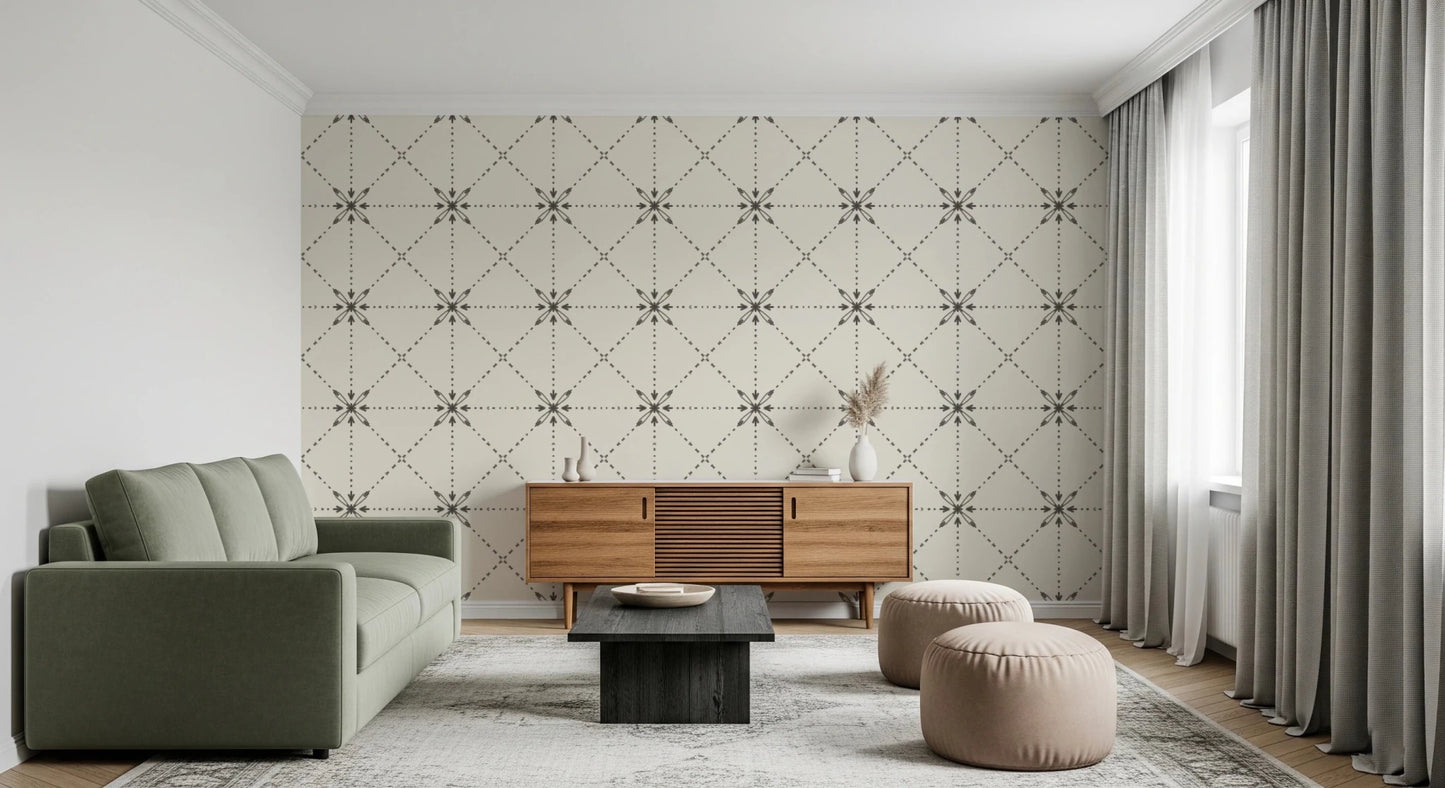 Sashiko wallpaper with repeating lattice and stitched node pattern, GD8774