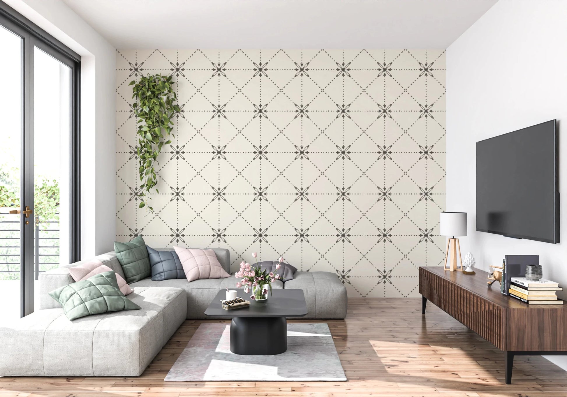 Geometric silhouette wallpaper with floral stitch symmetry layout, GD8774