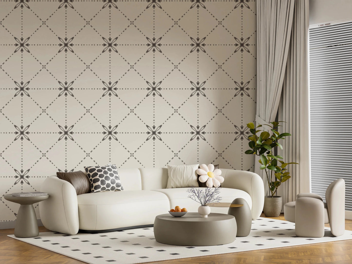 Hallway styled with latticed flower stitch silhouette wallpaper design, GD8774