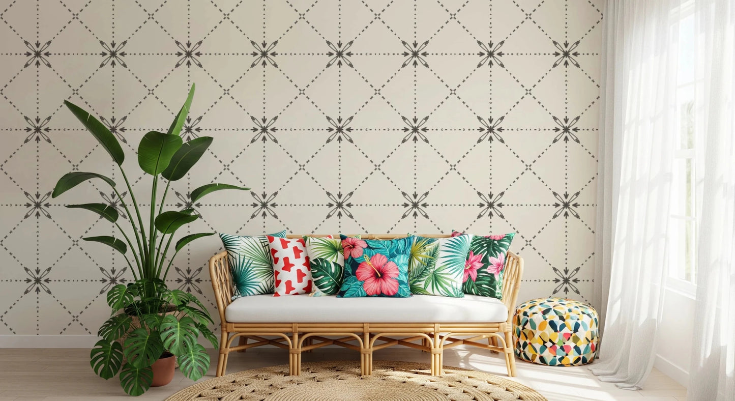 Silhouette wallpaper with Sashiko Hana-Goshi stitched floral grid repeat, GD8774