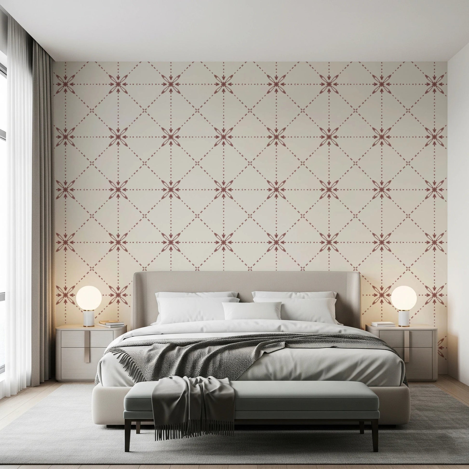 Bedroom with Sashiko Hana-Goshi terracotta wallpaper grid
