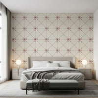 Bedroom with Sashiko Hana-Goshi terracotta wallpaper grid
