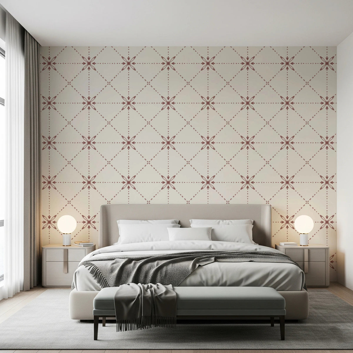 Bedroom with Sashiko Hana-Goshi terracotta wallpaper grid, GD8775