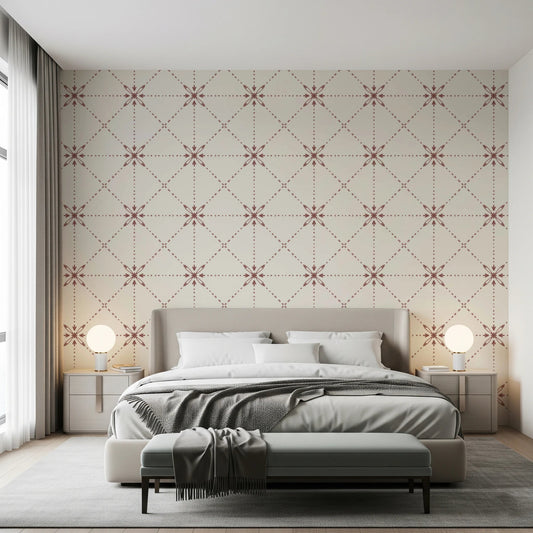 Bedroom with Sashiko Hana-Goshi terracotta wallpaper grid
