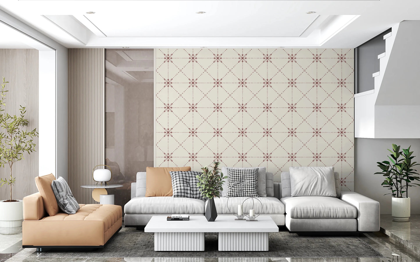 Sashiko Hana-Goshi wallpaper with terracotta floral stitch grid
