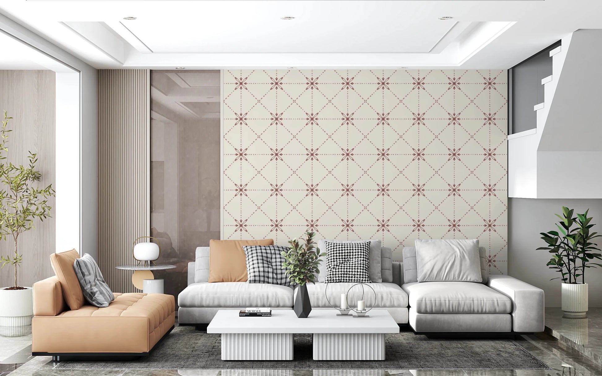 Sashiko Hana-Goshi wallpaper with terracotta floral stitch grid

