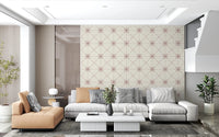 Sashiko Hana-Goshi wallpaper with terracotta floral stitch grid
