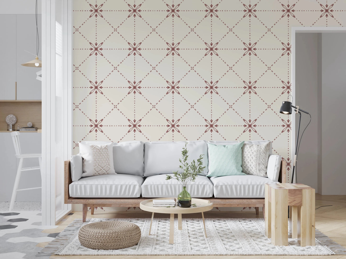 Soft terracotta wallpaper with floral stitch lattice symmetry
