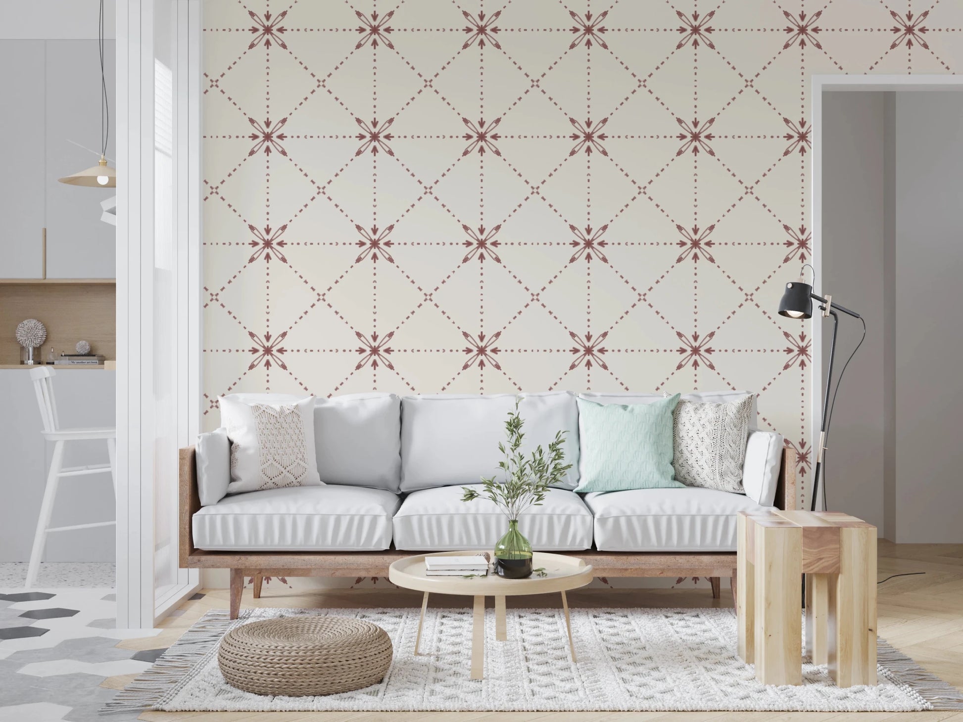 Soft terracotta wallpaper with floral stitch lattice symmetry
