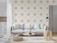 Soft terracotta wallpaper with floral stitch lattice symmetry
