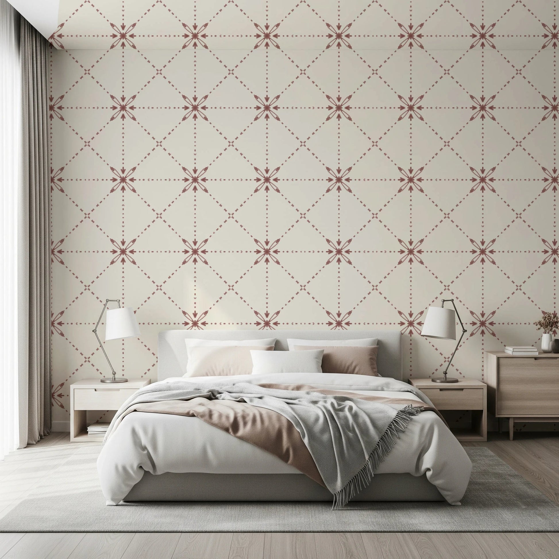 Bedroom styled in latticed flower stitch terracotta wallpaper
