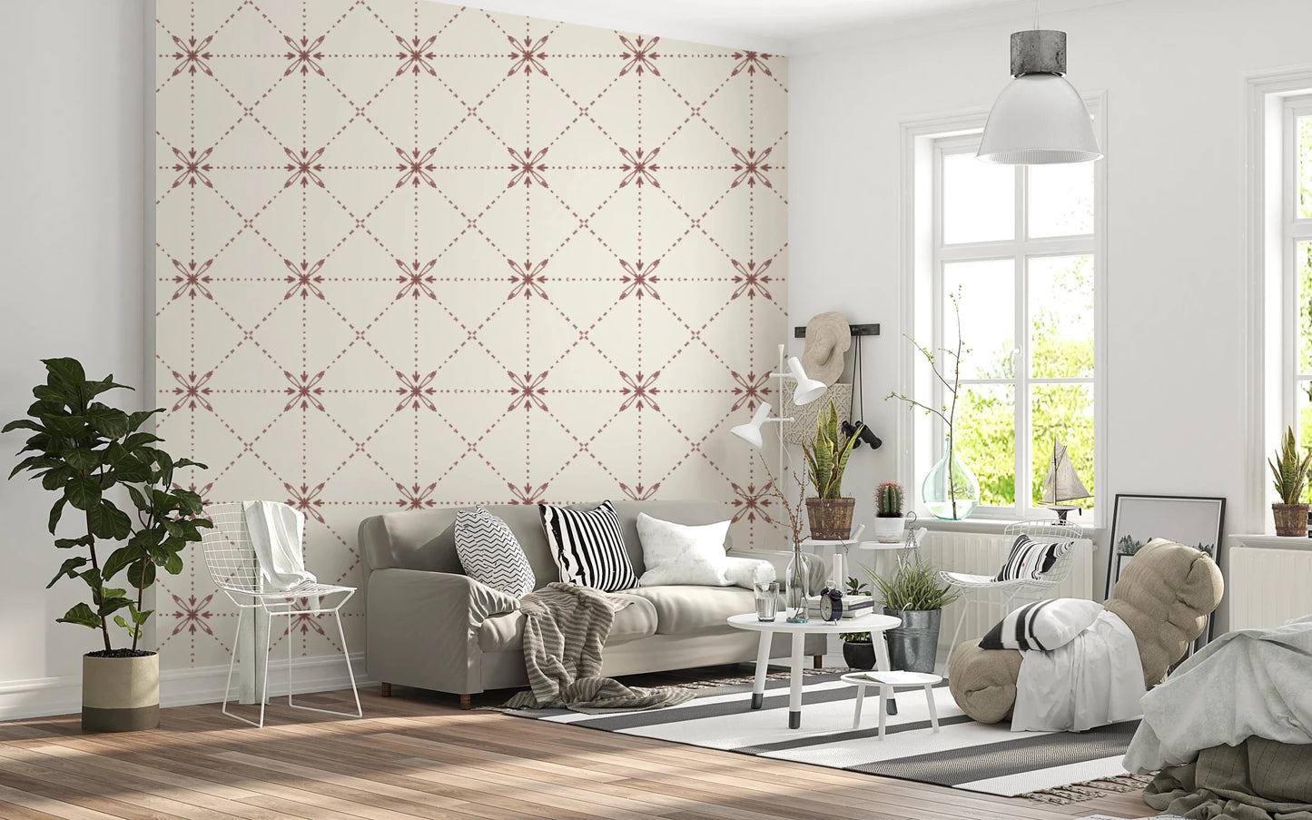Latticed flower stitch wallpaper in warm terracotta tone design

