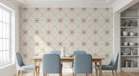 Terracotta wallpaper with latticed flower stitch repeat pattern
