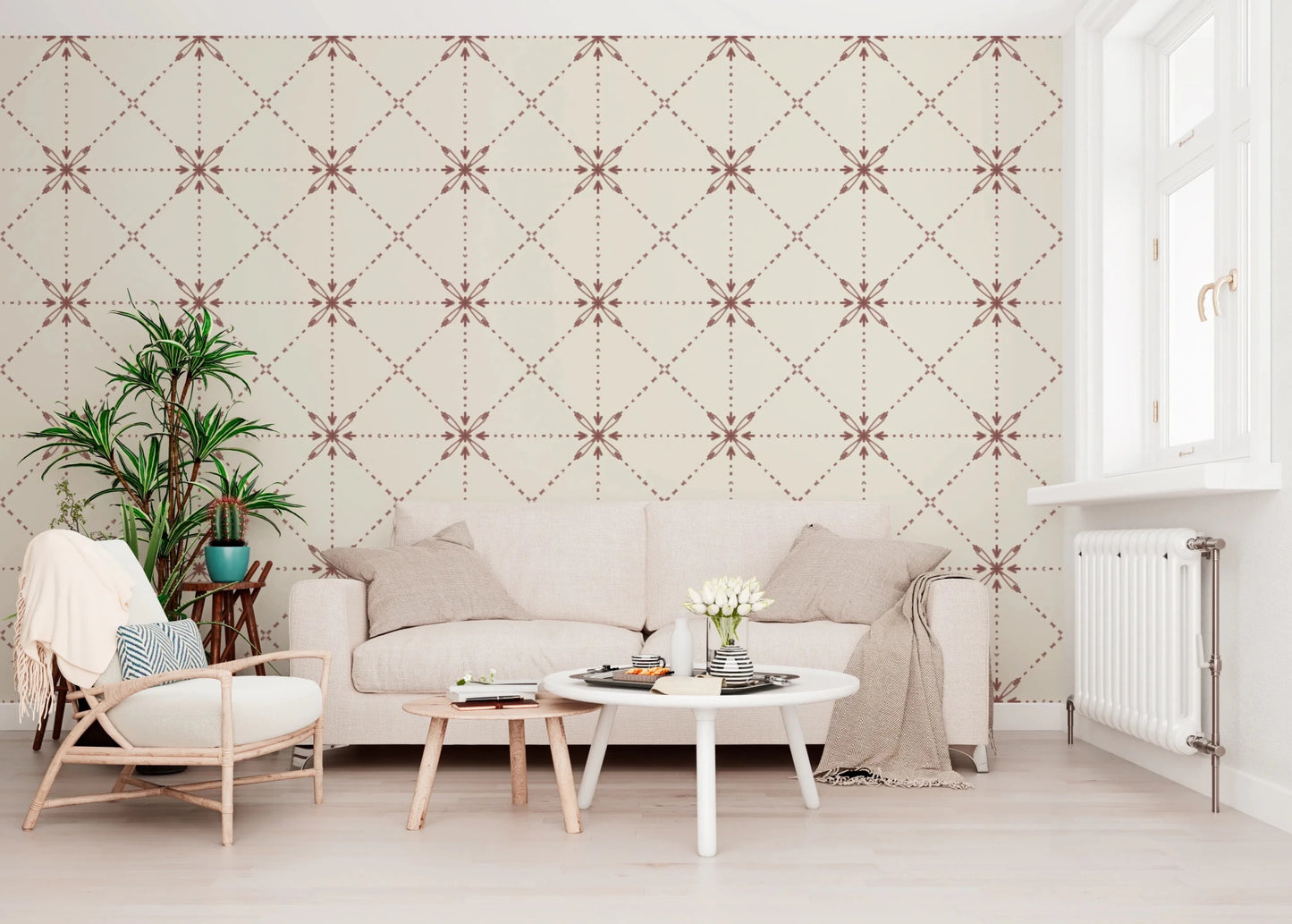 Living room with latticed flower stitch terracotta wallpaper art
