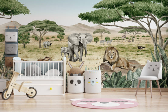 Savannah Secret wallpaper with lions and elephants design KB43