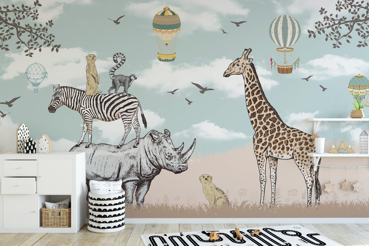 Playful savannah animal mural for children A131
