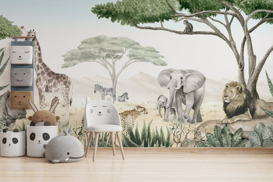 Savannah Jive mural wallpaper with lions and elephants KB42