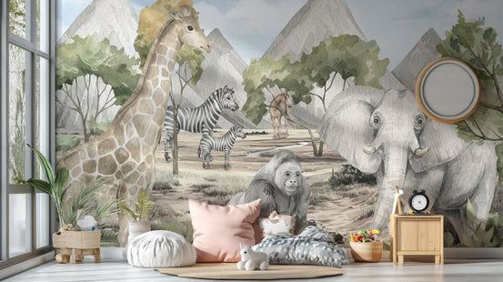 Savannah Serenity Wildlife Wall Mural for elegant spaces B837