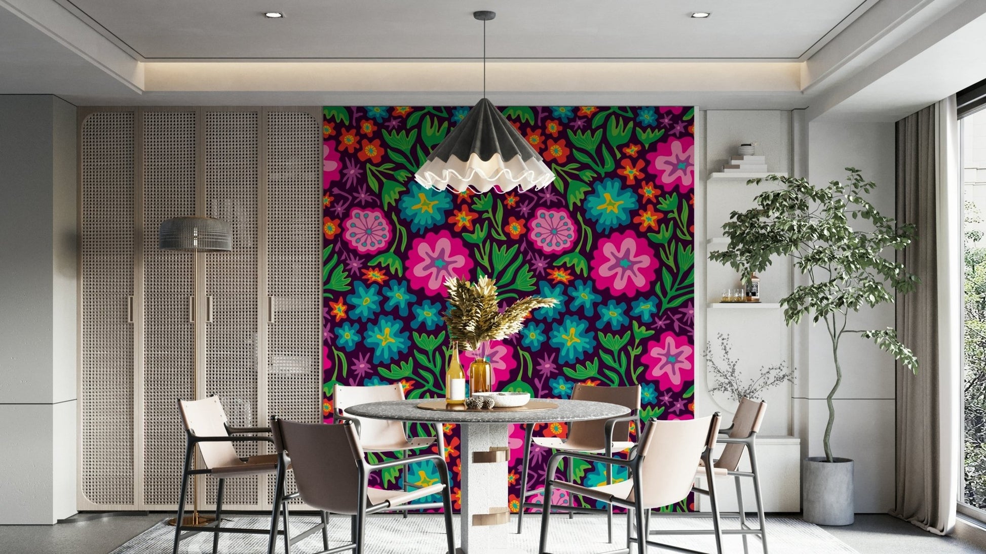 botanical rainbow brights on deep purple wallpaper

