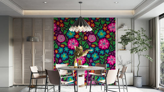 botanical rainbow brights on deep purple wallpaper


