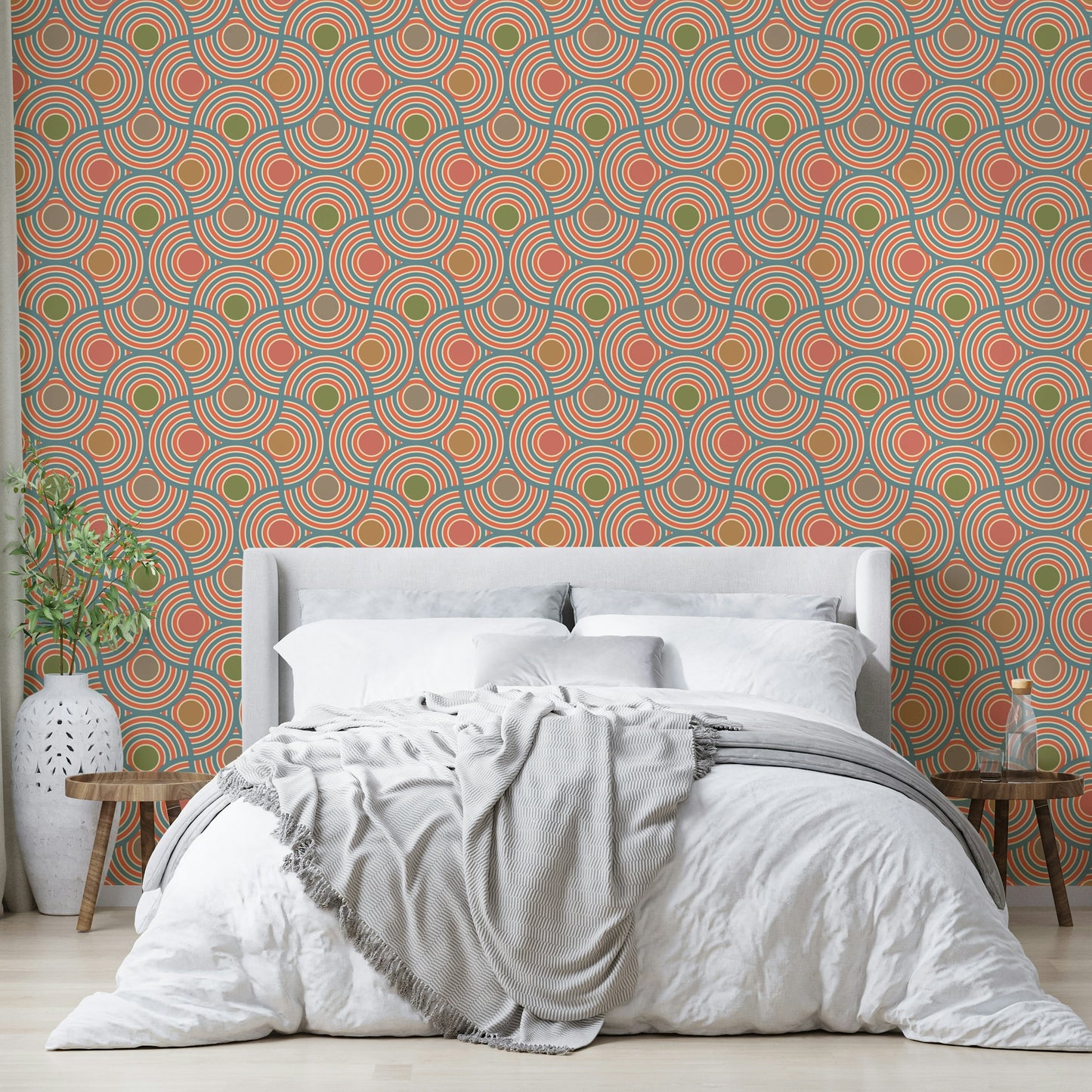 The mural is installed in a formal living room behind a simple, dark sofa. GD3646
 
