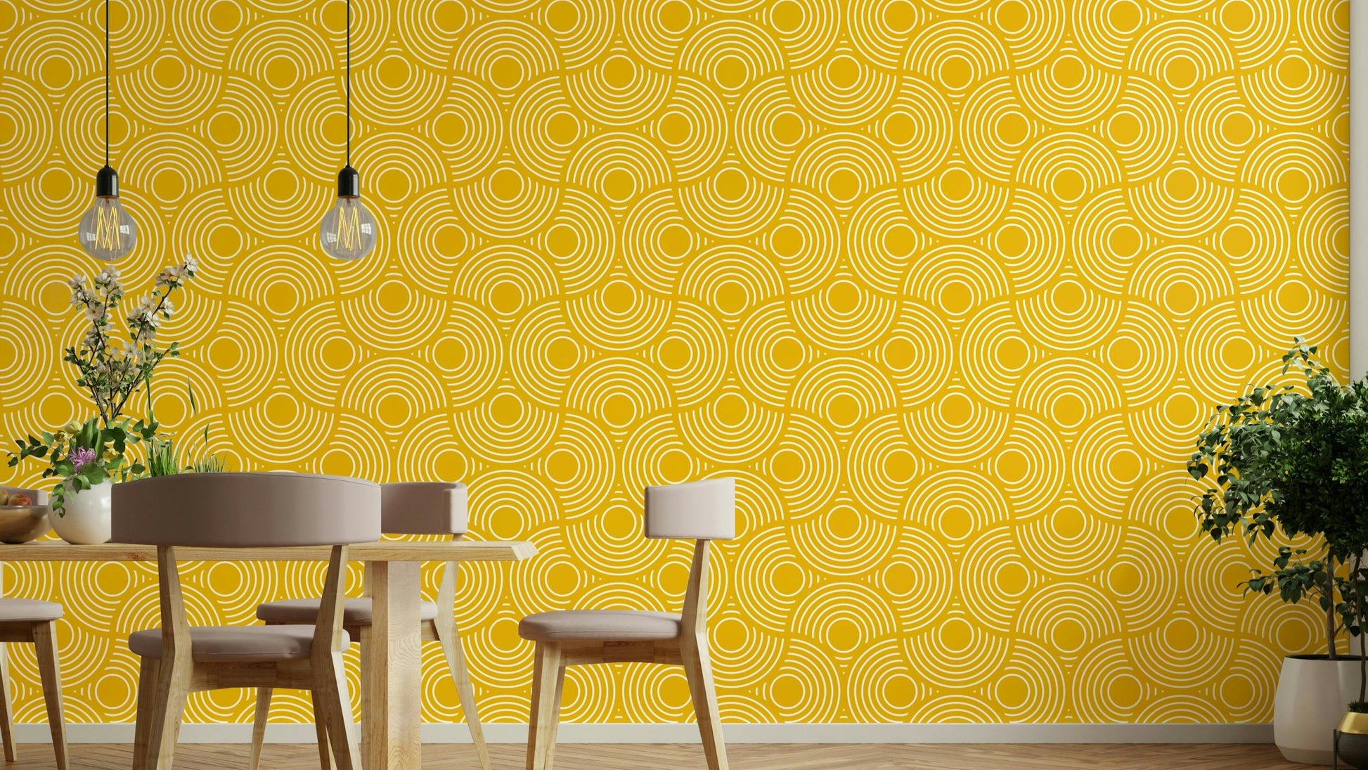 The image shows a full wall with a repeating pattern of geometric scallops.

