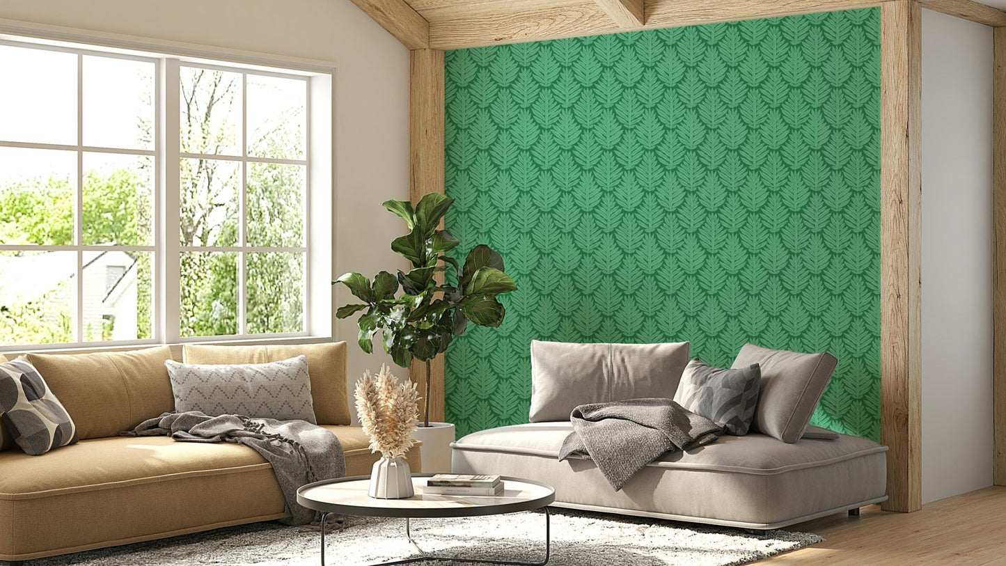 Close-up of green leaf and scallop pattern wallpaper

