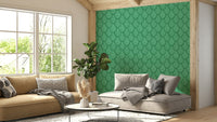 Close-up of green leaf and scallop pattern wallpaper

