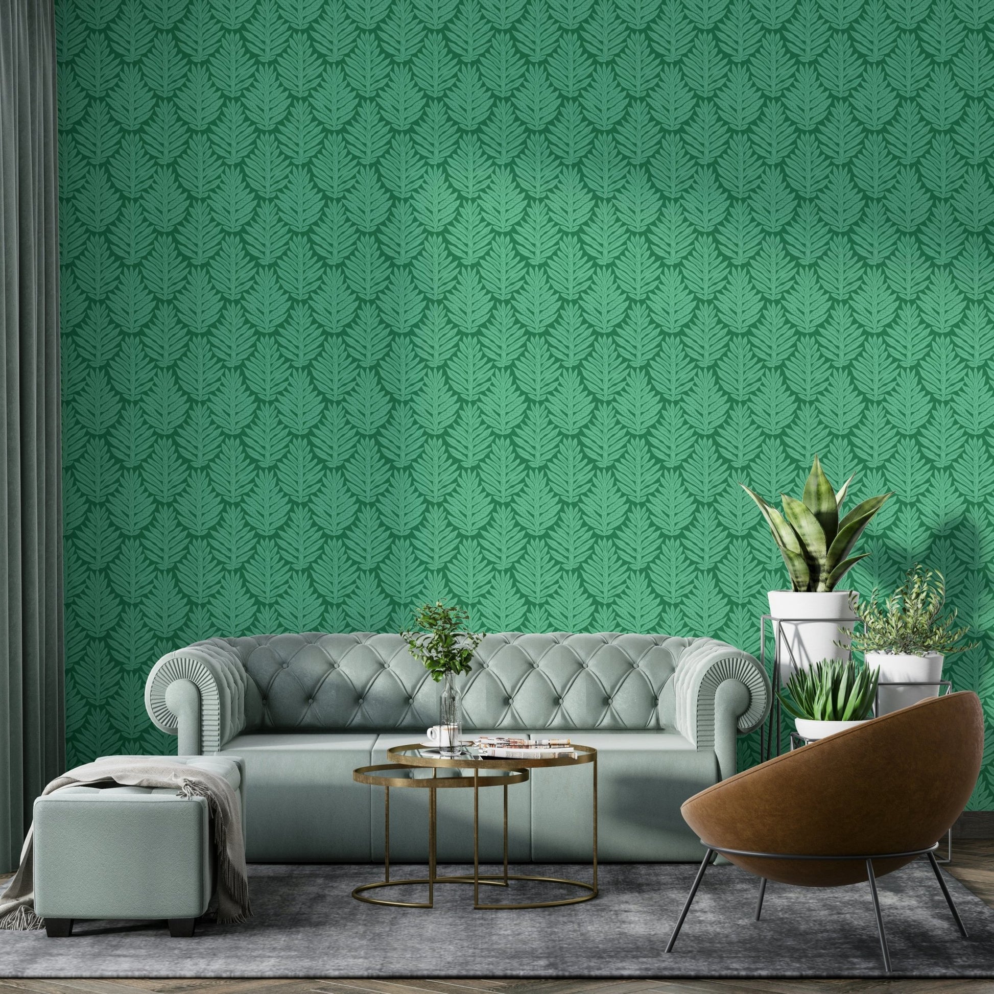 Bedroom accent wall with green leaf design

