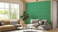 Close-up of green leaf and scallop pattern wallpaper

