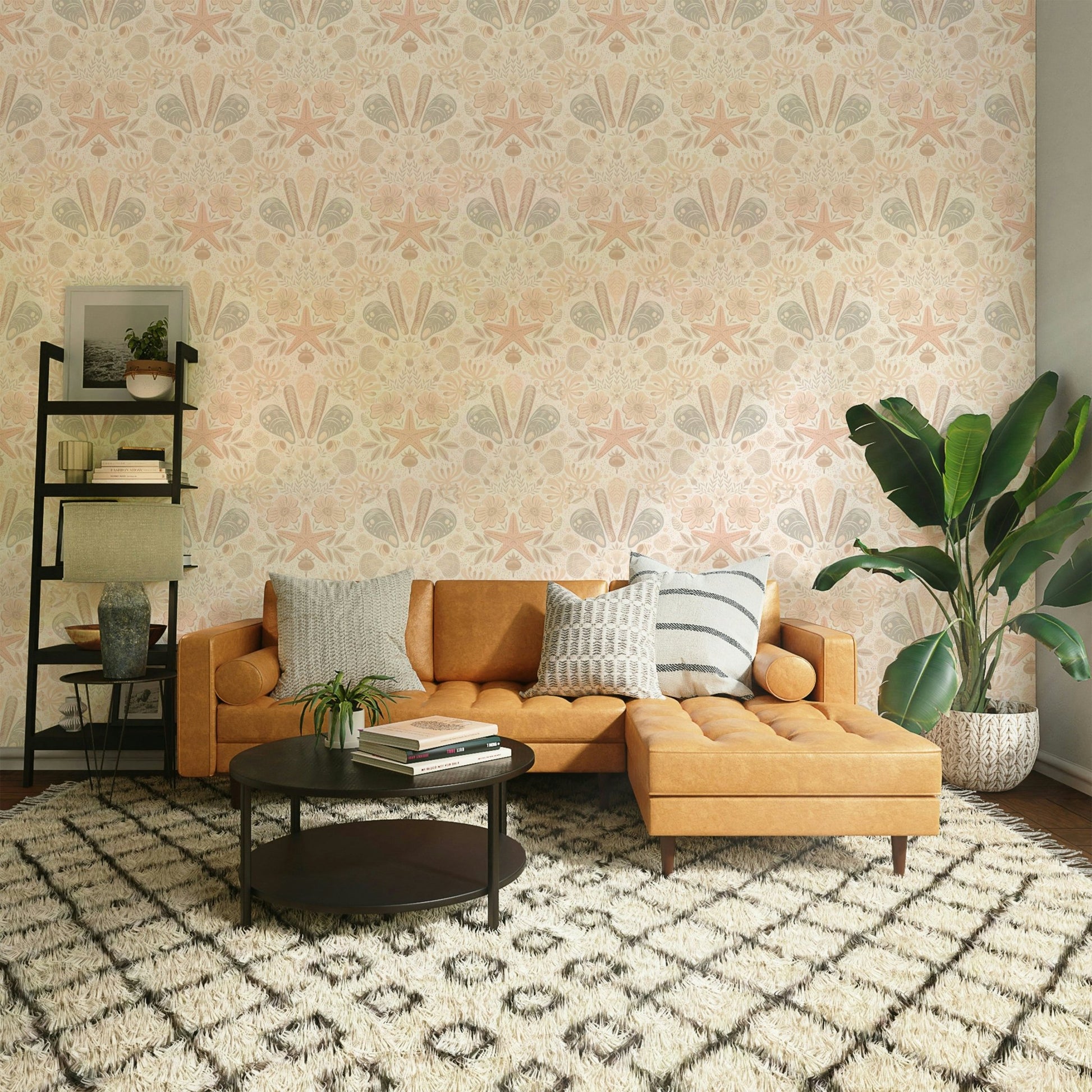 Calm floral wallpaper with damask motifs

