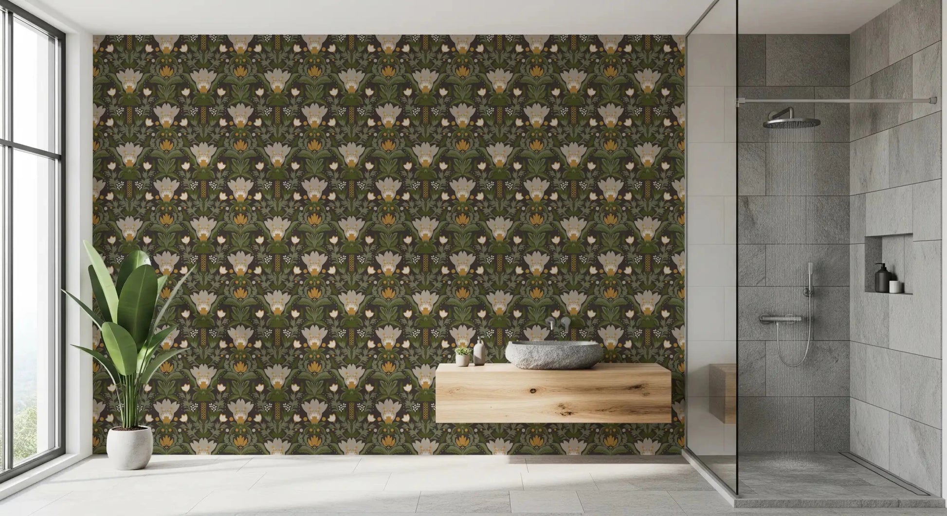 Dark Brown Wallpaper with Scandinavian floral forms and leafy symmetry