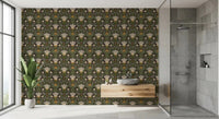 Dark Brown Wallpaper with Scandinavian floral forms and leafy symmetry