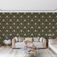 Sage Green Leaves wallpaper with cream petals and mustard detail