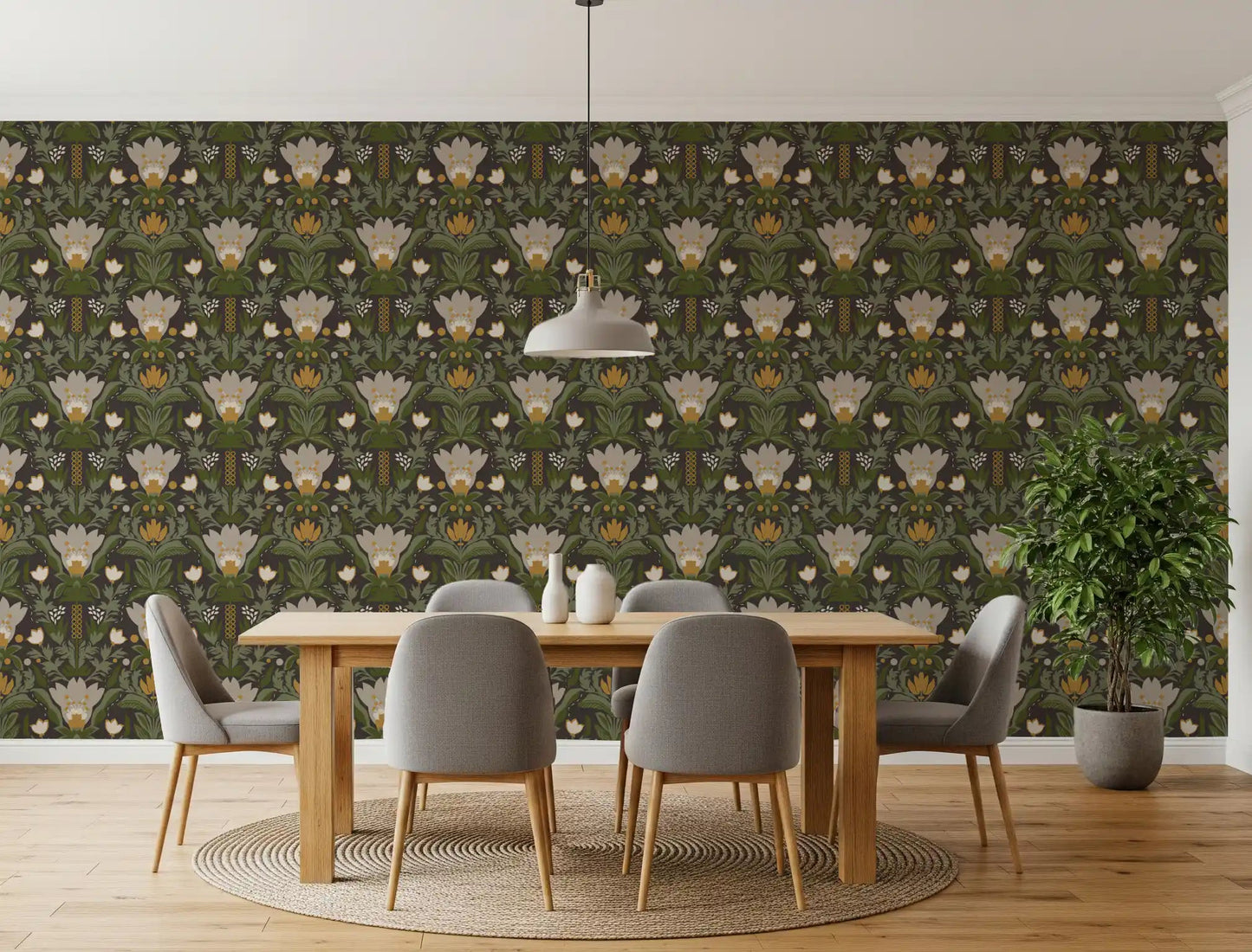 Scandinavian Folk wallpaper with earthy florals and decorative leaf shapes