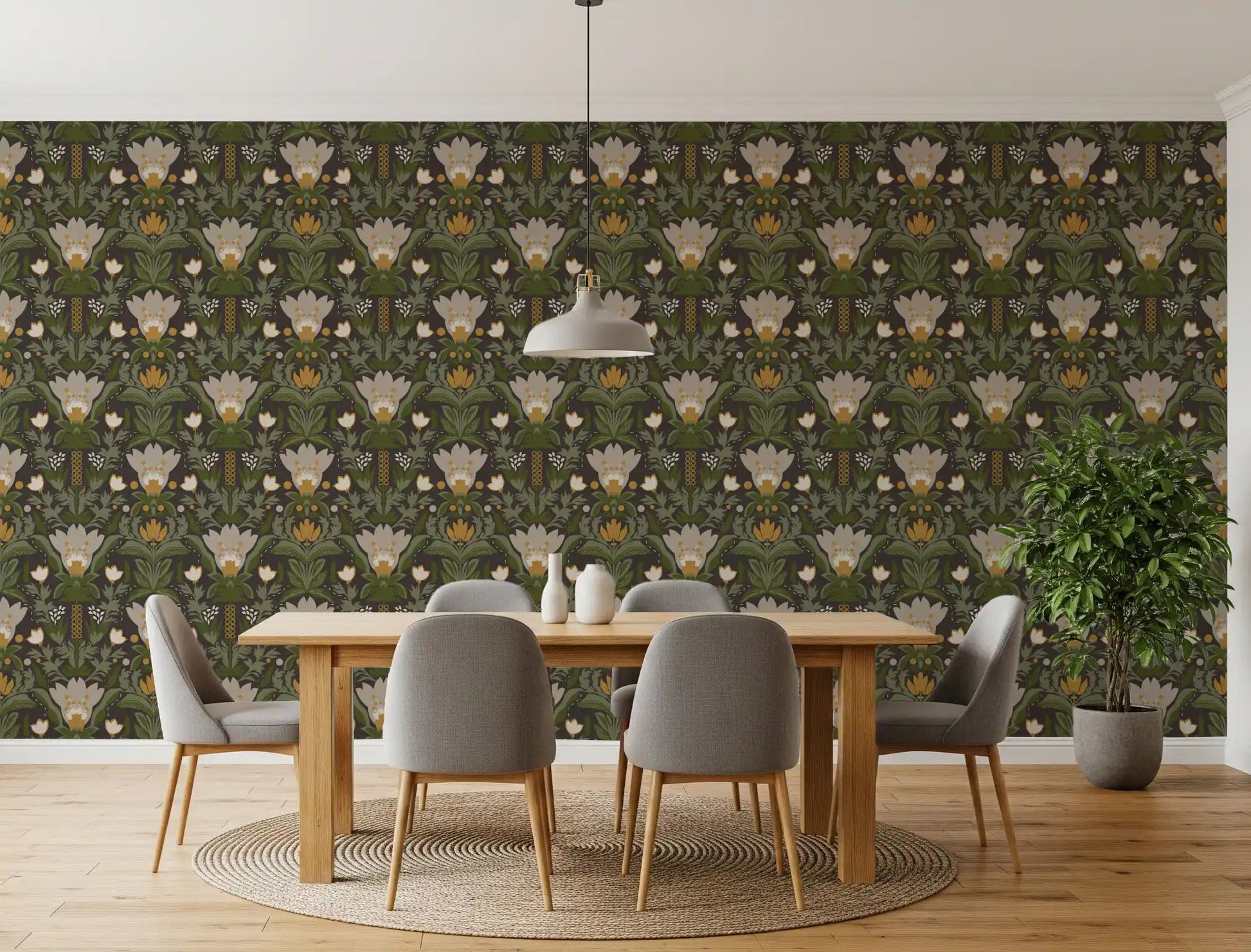 Scandinavian Folk wallpaper with earthy florals and decorative leaf shapes