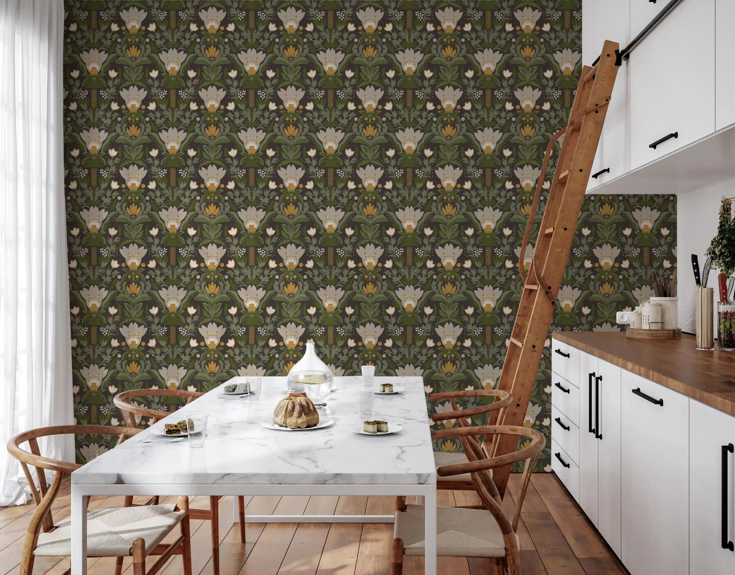 Cream Flowers Mustard wallpaper in a repeating folk botanical layout