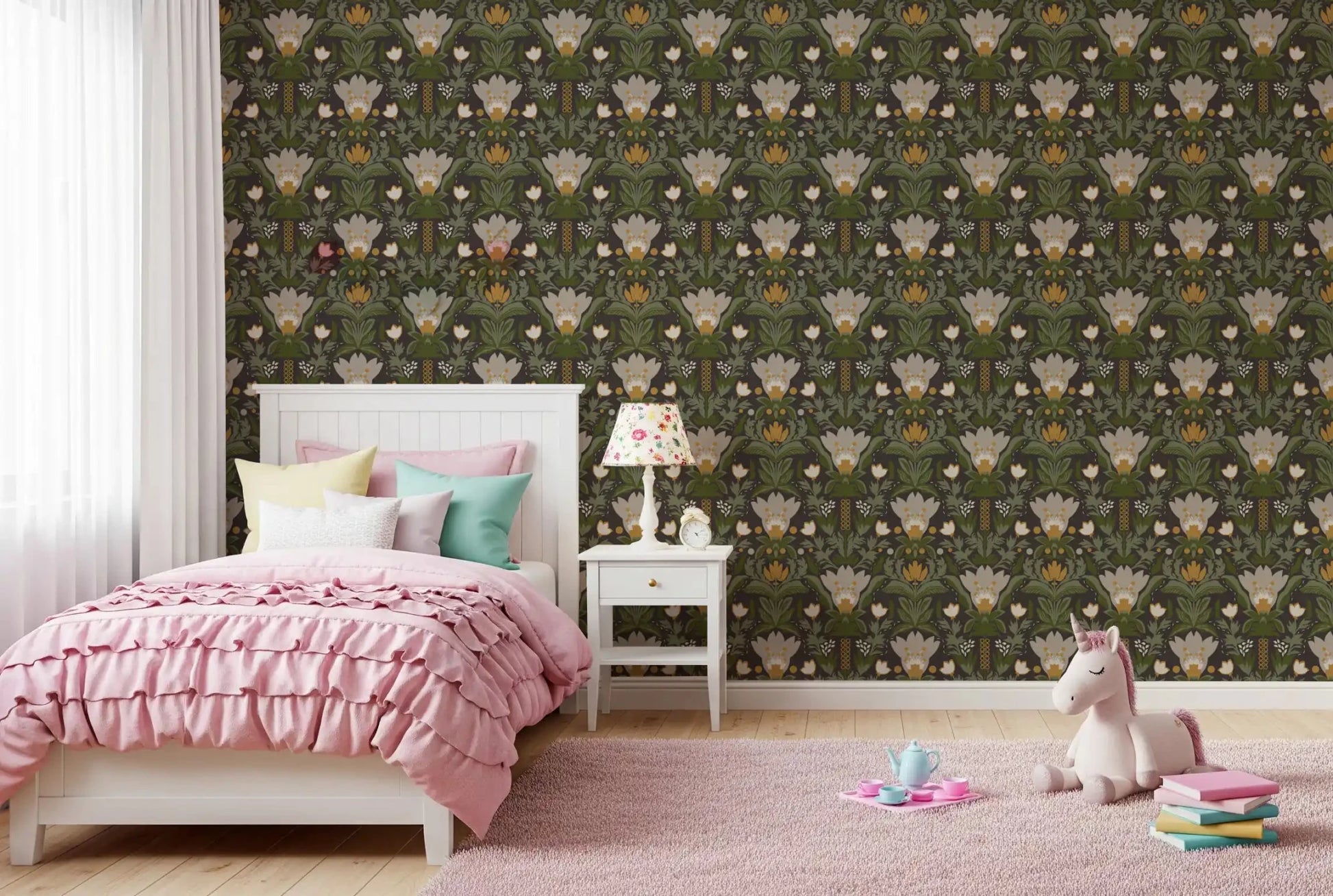 Kids room Earthy Botanical Pattern wallpaper with stylized flowers and green foliage