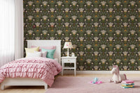 Kids room Earthy Botanical Pattern wallpaper with stylized flowers and green foliage