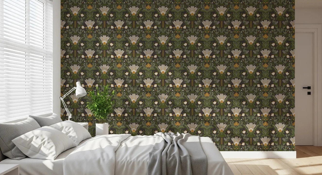 Scandinavian Folk Art Floral Garden – Earthy Botanical Pattern with Sage Green Leaves, Cream Flowers and Mustard Gold Accents on Dark Brown Wallpaper⁠