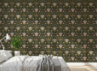 Bedroom Scandinavian Folk Art wallpaper with sage leaves and cream floral pattern