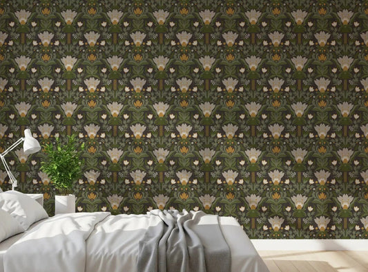 Bedroom Scandinavian Folk Art wallpaper with sage leaves and cream floral pattern